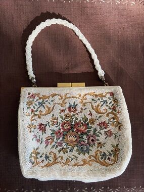 White Beaded Floral Clutch with Gold Accents